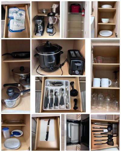 a collage of photos of a kitchen with a pot and appliances at Cherry Grove 1BR screened porch 2nd Floor view in Myrtle Beach