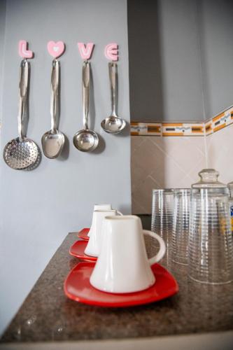 a kitchen counter with two red plates and utensils at GARDEN HOLiDAY in Antsirabe