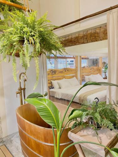 a room with two beds and plants in it at HomeOne36 后灣灣inn - 勝利星村日式老屋包棟 - in Pingtung City