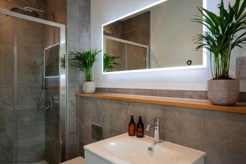 ein Badezimmer mit Waschbecken und Dusche mit Spiegel in der Unterkunft Maricor in South Cerney