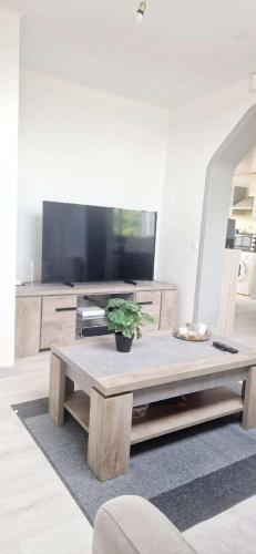 un salon avec une table basse et une télévision dans l'établissement Le Trinidad, à Troyes