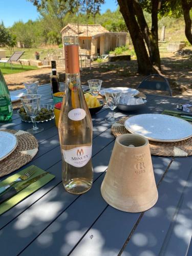 - une bouteille de vin assise au-dessus d'une table de pique-nique dans l'établissement Le Mazet de Papi en Garrigue, à Saint-Gervasy