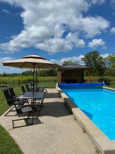 a table with an umbrella next to a swimming pool at The Vine Bed & Breakfast, LLC in Dundee