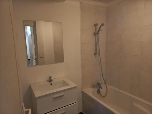 une salle de bain avec un lavabo, une baignoire et un miroir dans l'établissement appartement n1 T3 Roubaix Calme et Agreable, à Roubaix
