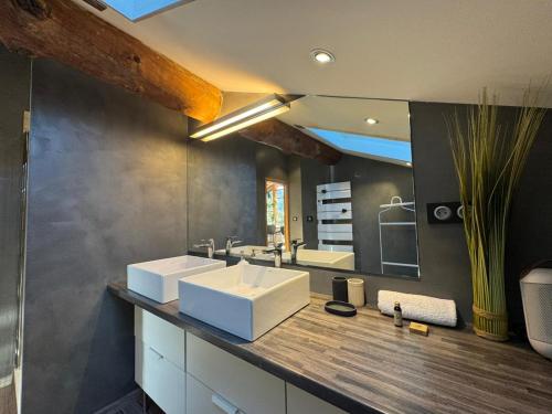 une salle de bain avec deux lavabos et un grand miroir dans l'établissement Le nid montagnard - Vulmix, à Bourg-Saint-Maurice