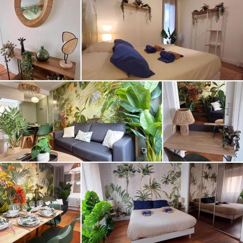 un collage de photos d'une pièce avec des plantes dans l'établissement JunglAppart - Votre Refuge Jungle Proche de la Gare et du Centre-Ville, avec Garage, à Dijon