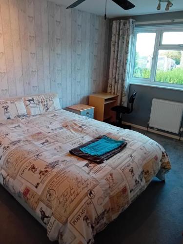 a bedroom with a bed with a comforter on it at Family room in Broadstone