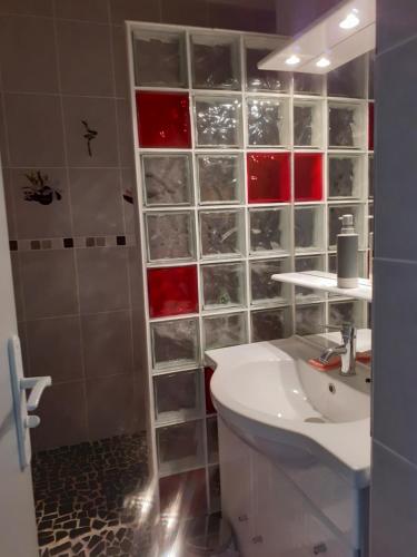 une salle de bain avec un lavabo blanc et une douche dans l'établissement Appartement Barcares, au Barcarès