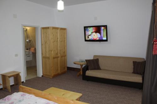 a living room with a couch and a tv on the wall at Casuta Didi in Brezoi