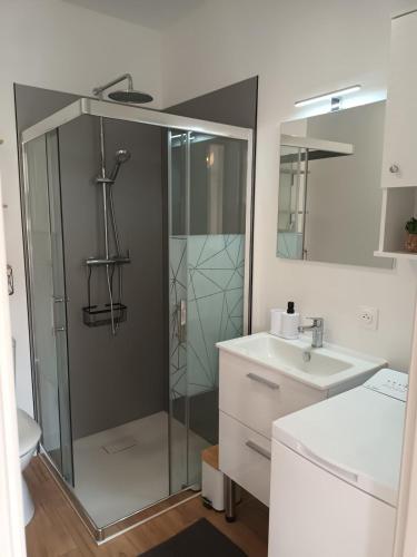une salle de bain avec douche et lavabo dans l'établissement Studio 4 Calme et Moderne Proche des Thermes, à Rochefort