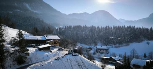 ein schneebedecktes Tal mit Häusern und einem Berg in der Unterkunft Selauerbauer in Lofer