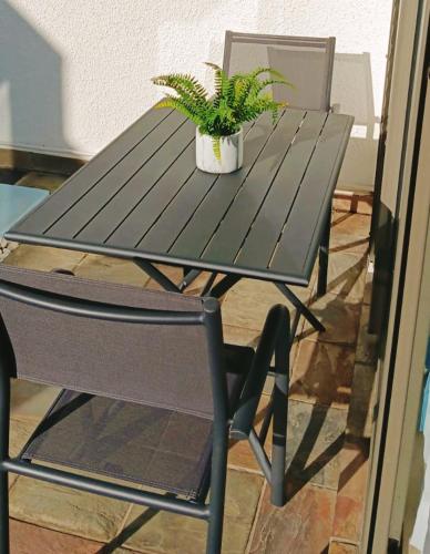 a black picnic table with a potted plant on it at 3bed villa with private pool and rooftop with a sea view in flic-en-flac, Mauritius in Flic-en-Flac