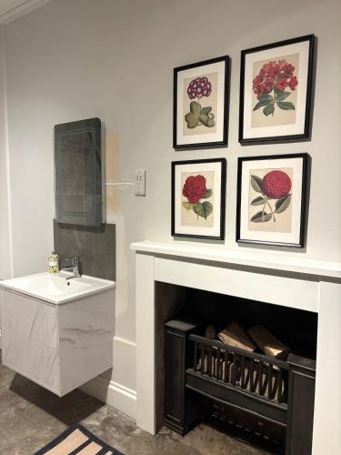 a bathroom with a sink and a fireplace at Spacious Apartment in Central Edinburgh in Edinburgh