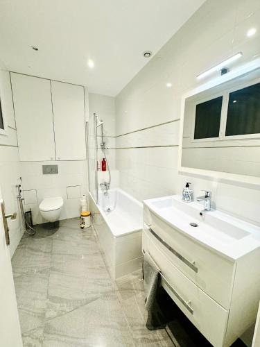 une salle de bain blanche avec un lavabo et des toilettes dans l'établissement Cozy apartment with garden, à Vitry-sur-Seine