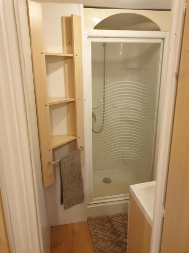 La salle de bains est pourvue d'une douche vitrée. dans l'établissement Mobil home 4 personnes avec clim, à La Roque-dʼAnthéron