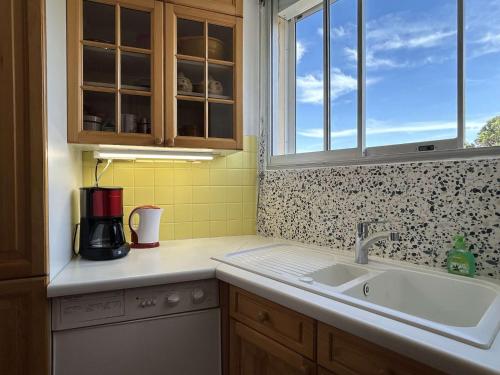 une cuisine avec un évier et une fenêtre dans l'établissement Appartement 2 pièces en duplex BANYULS SUR MER BN100-C232, à Banyuls-sur-Mer