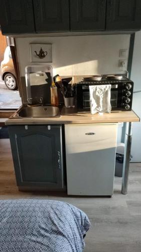 a small kitchen with a stove and a sink at Le Nid, petit studio cosy et central in Besançon