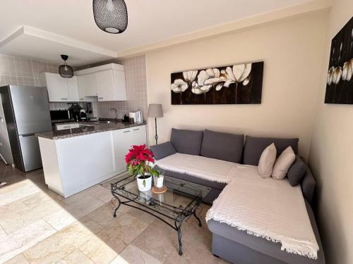 een woonkamer met een bank en een keuken bij La Arenita - oceanview apartment in Palm-mar