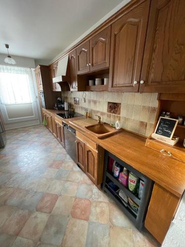 une cuisine avec des armoires en bois et un évier dans l'établissement Appartement bambou, à Vandœuvre-lès-Nancy