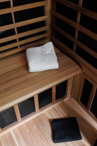 an inside view of a sauna with a white towel at Rock Mill Retreat in Stony Middleton