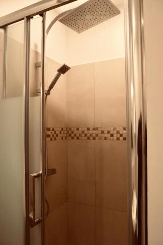 une douche avec une porte vitrée dans une salle de bain dans l'établissement Les Escales de Choisy, à Choisy-le-Roi