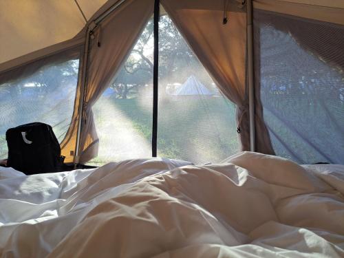 a bed in a tent with a large window at Bearsu Nature Almoxarife in Horta