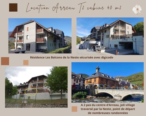 un collage d'images de maisons dans une ville dans l'établissement Charmant appart 4-6 p avec vue magnifique - Arreau, à Arreau