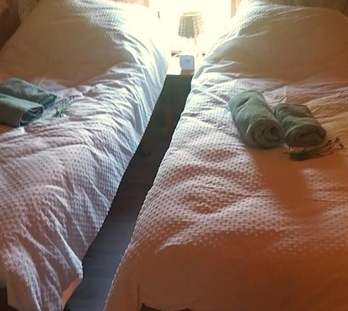 a bed with two towels on top of it at Vakantieverblijf de Barre Hichte, Grindweg 4 Nijeberkoop in Nijeberkoop