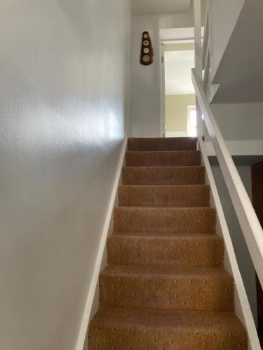 a staircase with brown carpeting and a white wall at Kilaturley house apartment in Swinford