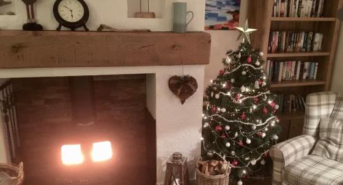 un árbol de Navidad en una sala de estar con chimenea en Dunhallin Ard, en Hallin