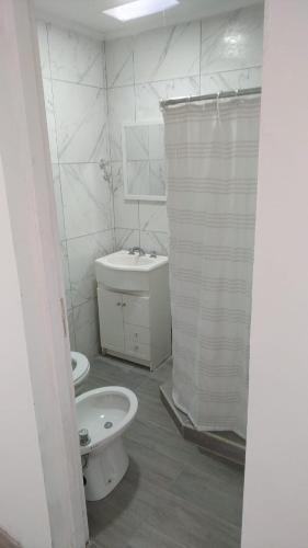 a bathroom with a toilet and a sink and a shower at Alquiler Santa Clara del Mar calle Bilbao 4 personas in Santa Clara del Mar