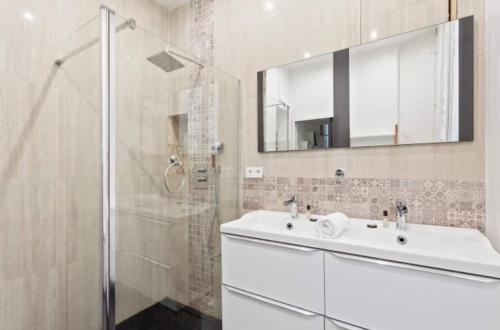 une salle de bain avec un lavabo blanc et une douche dans l'établissement Appartement Haussmannien Saint Michel Notre Dame, à Paris
