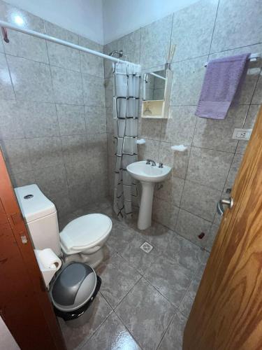 a bathroom with a toilet and a sink and a shower at Luci Alojamiento in Uspallata