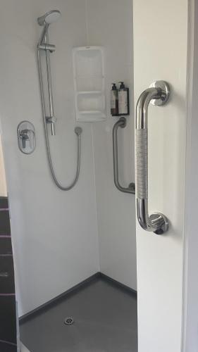a shower stall in a bathroom with a sink at The Elmwood Motel in Christchurch
