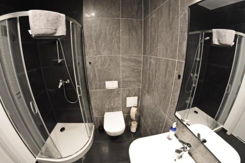 a bathroom with a shower and a toilet and a sink at Twój Hostel Klimczoka 7 in Katowice