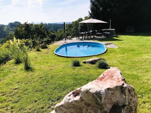a swimming pool in a yard with a rock at Villa in Tanvald near Ski Slopes in Tanvald