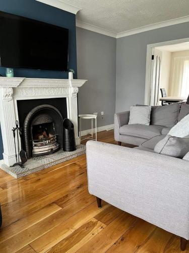 a living room with a couch and a fireplace at 3 bedroom home 18km from Cork City in Watergrasshill