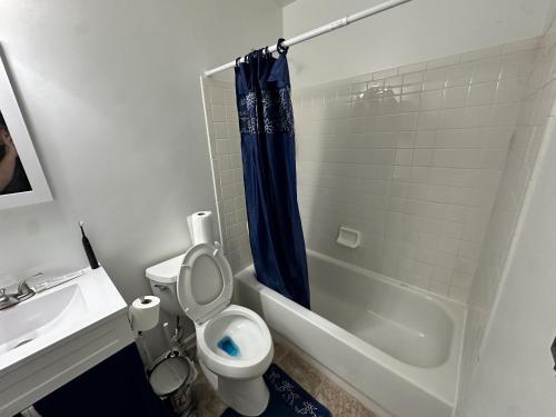 Un baño con inodoro, bañera y lavabo. en Comfortable, Convenient Room near DC, en Hillcrest Heights