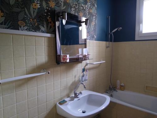 a bathroom with a sink and a mirror and a tub at Maison de village proche du Lac de Vassivière in Peyrat-le-Château