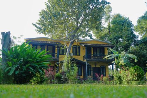 a yellow house with a tree in front of it at Sapana Village Lodge in Sauraha