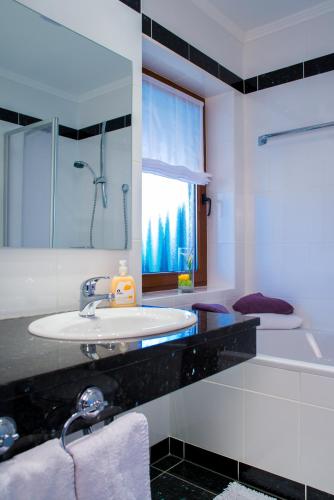 a bathroom with a sink and a shower and a window at Landhotel Zur Post in Bad König