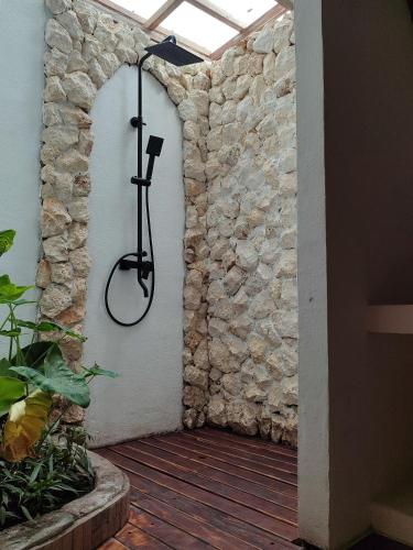 a shower in a room with a stone wall at Little Elephant Cottage in Gili Trawangan