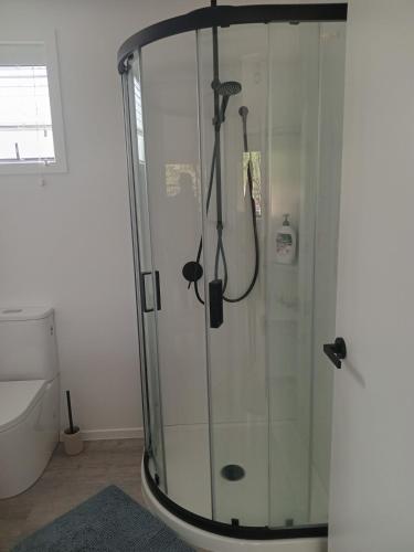 a shower with a glass door in a bathroom at Clyde's Cozy Corner in Clyde