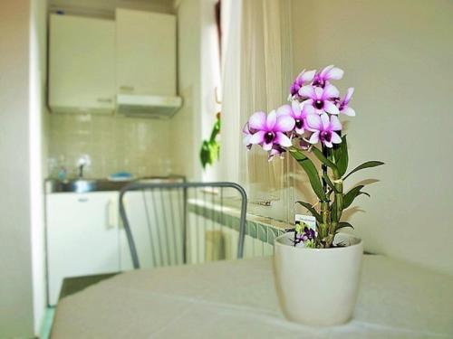 a white vase with purple flowers sitting on a table at Apartment Koric in Ičići