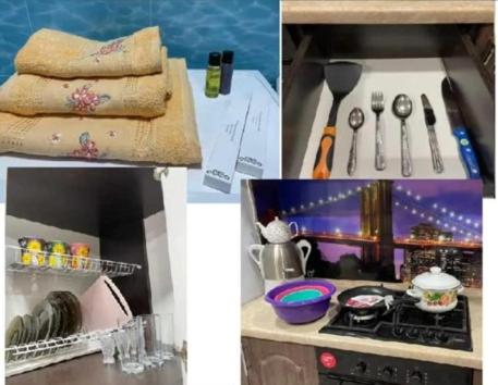 a collage of pictures of a kitchen with a stove at Квартира Караганда Жекибаева 133 in Karagandy