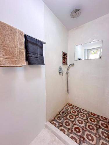 a bathroom with a shower and a rug at Panta'kei in Stavros