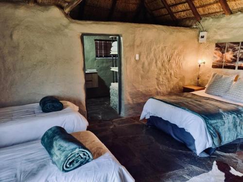 a room with two beds and a mirror at Safari Park Guest Farm in Colesberg