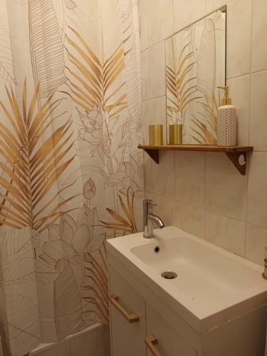 une salle de bain avec un lavabo et un rideau de douche dans l'établissement Chez Juliette au cœur du Vieux-Lyon, à Lyon