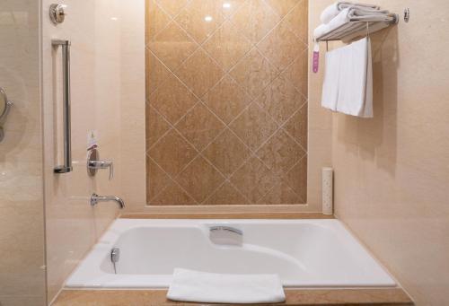 a bath tub in a bathroom with a shower at E-DA Royal Hotel in Dashu