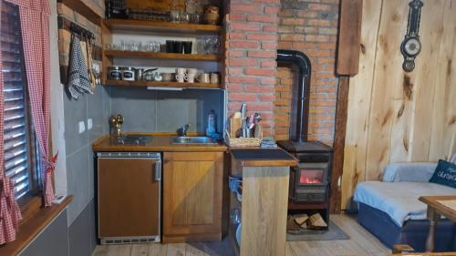 a kitchen with a sink and a stove at Ruralna kuća za odmor Brezanka, Zagrebačka ulica 21 Gornja Stubica in Gornja Stubica